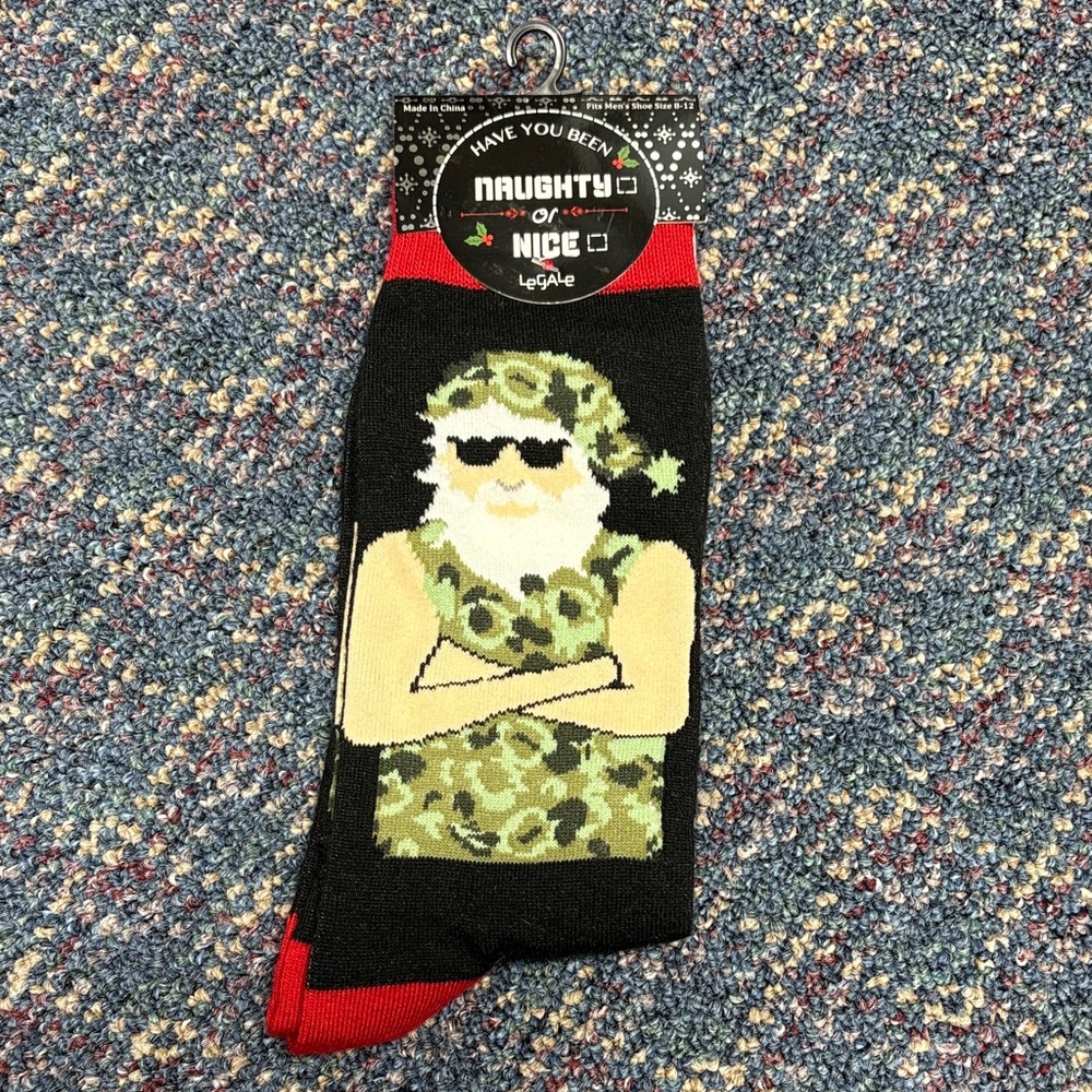 New Legale Naughty or Nice socks with camo Santa pattern